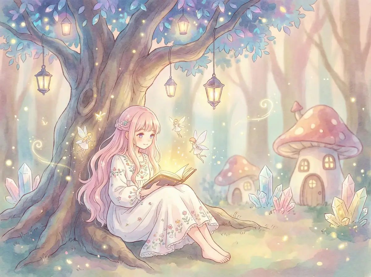 C公主还要吗 - 魔法森林中阅读故事书的粉发少女与精灵